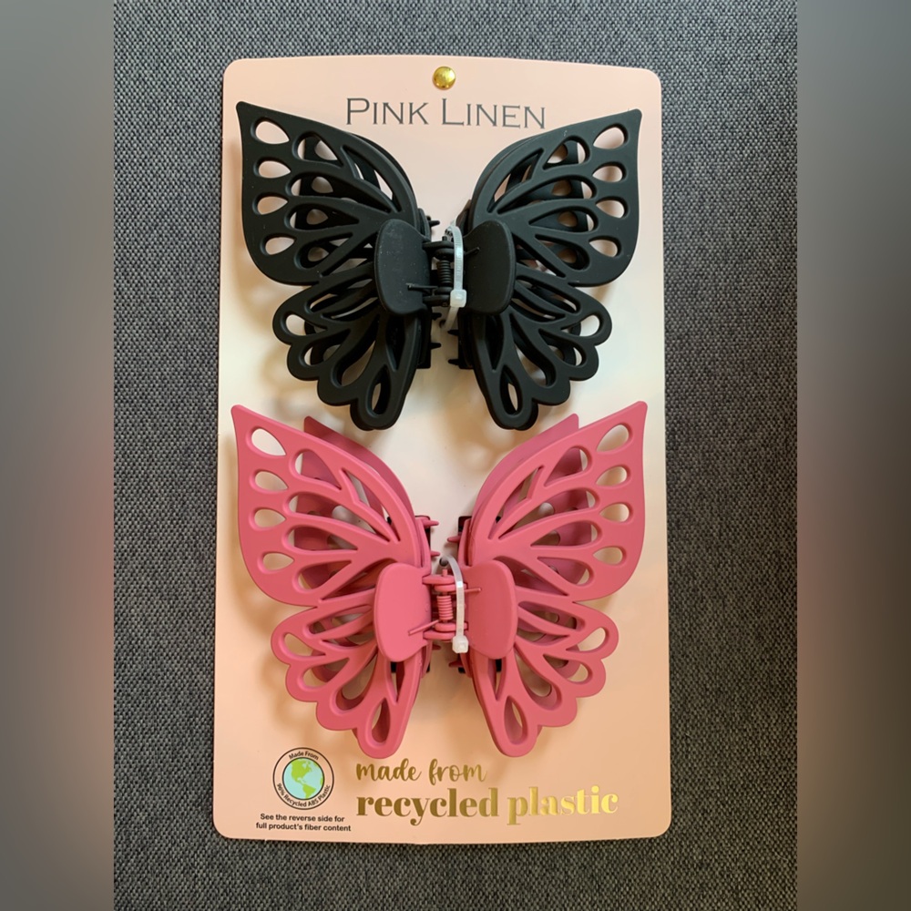 Pink Linen Butterfly Hair Clips —LARGE SIZE!!!—Black & Pink—HARD TO FIND!! NEW!!